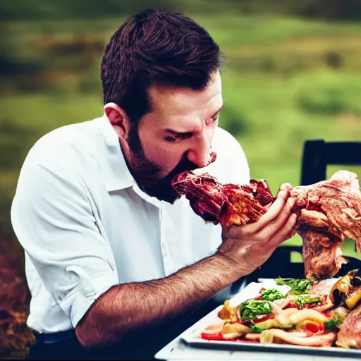 Prompt: man being devoured by his bloodthirsty dinner