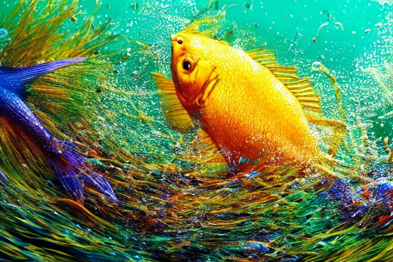 Image similar to ultra realistic underwater photography, panoramic picture of a river with ( subject : one single huge exotic brightly coloured fish ). lots of bubbles. wavy, scattered light entering from the water surface, artstation, focus on the fish, extremely detailed, hyperrealistic crisply sharp fish, 8 k