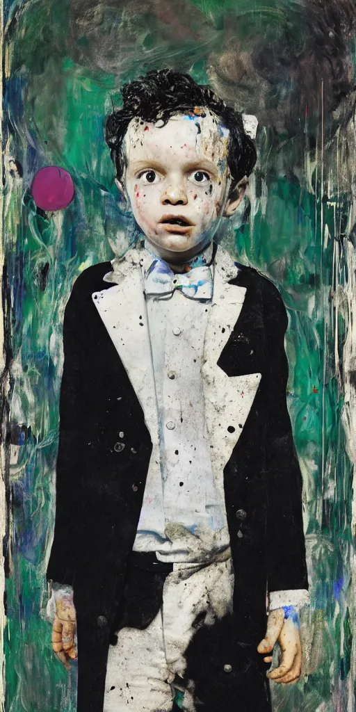 Prompt: portrait of a child in tuxedo painted by vincent lefevre and hernan bas and pablo amaringo and pat steir and hilma af klint, background in high definition 3 d, psychological, photorealistic, dripping paint, washy brush, rendered in octane, altermodern, masterpiece