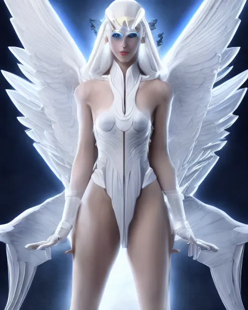 Image similar to perfect white haired attractive egyptian goddess with huge white dove wings, warframe armor, beautiful, symmetric, dreamy, half asian, pretty face, blue eyes, detailed, scifi platform, laboratory, experiment, 4 k, ultra realistic, epic lighting, android body, illuminated, cinematic, masterpiece, art by akihito tsukushi, voidstar