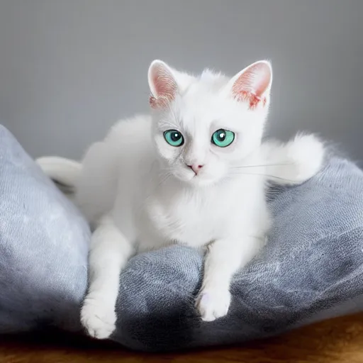 Image similar to cute little white cat in space with big eyes, hyper realistic, natural light, cozy atmospheric and cinematic lighting