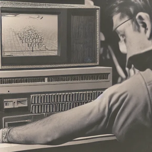 Prompt: a high resolution photo of a sad man watching the end of the world on a vintage computer