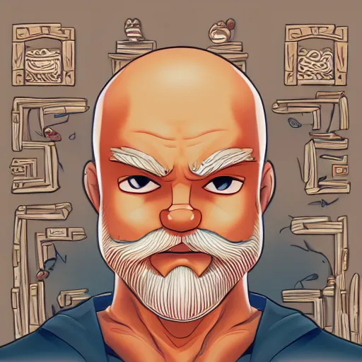 Image similar to mister clean with a beard, organizing cardboard boxes, intricate details, in the style of Hou CHina, trending on artstation