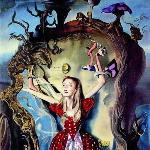 Image similar to Alice in Wonderland, painted by Salvador Dali, realistic painting, masterful painting