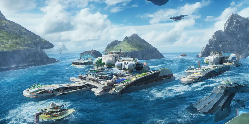 Image similar to a view from a boat of a seasteading community, ( ( open ocean ) ), fusion of subnautica and star trek!, drawn by noriyoshi ohrai, beautifully detailed 4 k octane render, 4 k post processing