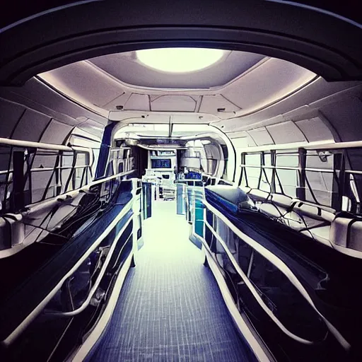 Image similar to “life aboard a sci-fi space vessel. Photo taken overlooking bridge. Other decks and compartments can be seen in the background. Detailed photo.”