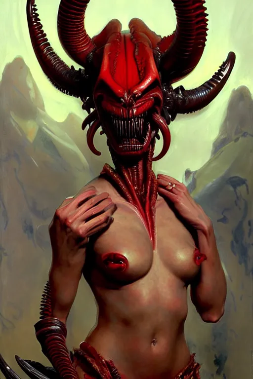 Image similar to painted close - up portrait of a very attractive red - skinned intimidating demon xenomorph queen with ram horns! oil painting, wearing a noblewoman's outfit, fantasy art by john singer sargent and gaston bussiere and james jean and greg rutkowski, demon noble character design, hd