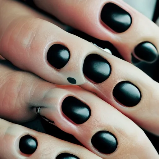 Image similar to photo of a human hand with black painted nails and a variety of rings