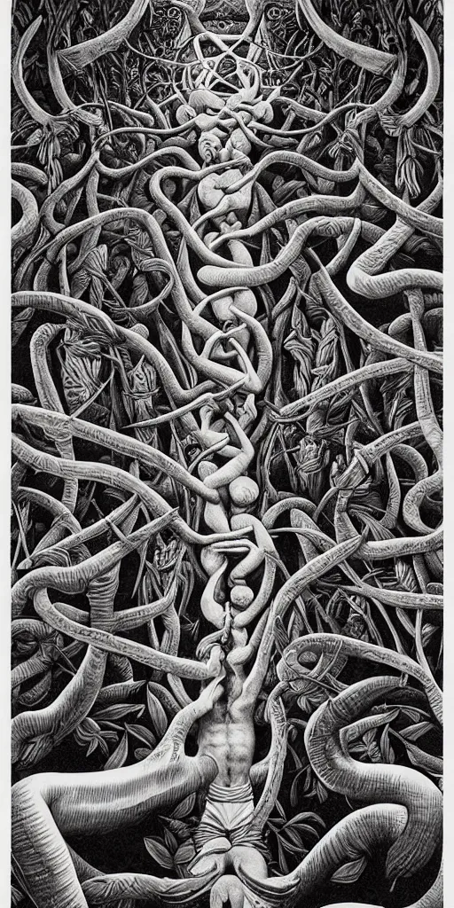 Prompt: The Ayahuasca Spirit, by M.C. Escher and James Jean