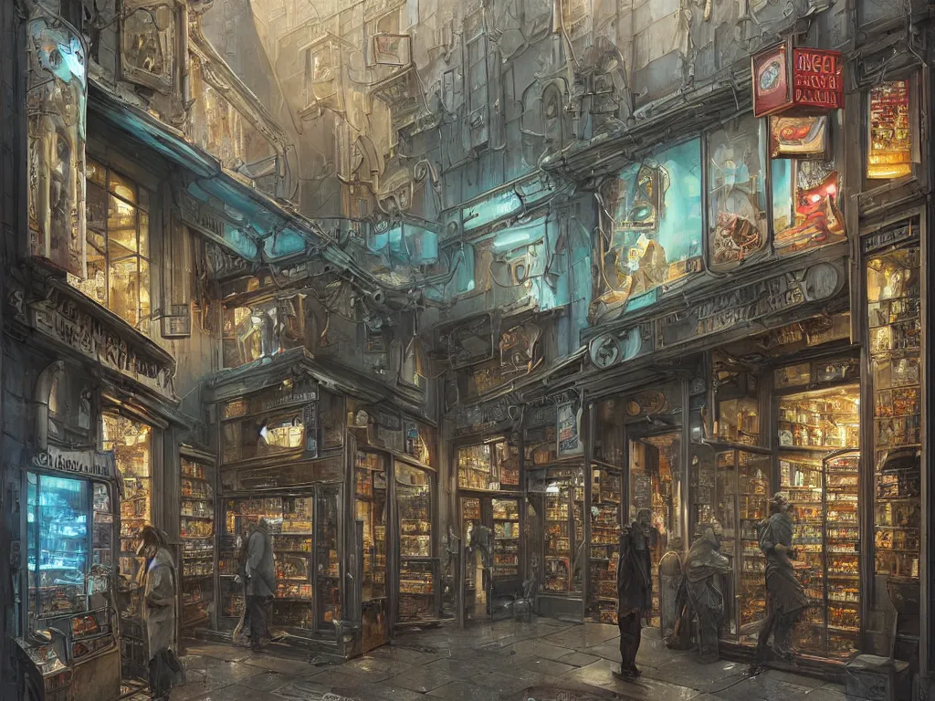 Prompt: A fantasycore very highly detailed convenience store with very highly detailed 2099 portugal lisbon on the street of a very highly detailed eldritch city digital rational painting art by Greg Rutkowski, sci-fi highly detailed, digital concept art, Dimensional cyan gold natural light, sharp focus, Golden Ratio illustration, realistic concept art by Eta Cru and James Gurney and Donato Giancola, Ghost in the Shell rendered in Octane Render, From the distance