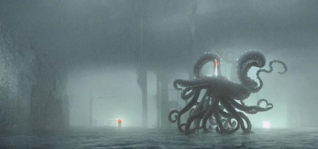 Image similar to a robotic octopus climbing out of a storm drain, foggy, cinematic shot, photo still from movie by denis villeneuve, wayne barlowe