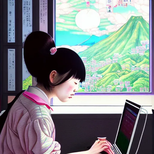 Prompt: full view of taiwanese girl studying at her computer, in taipei, style of yoshii chie and hikari shimoda and martine johanna, highly detailed