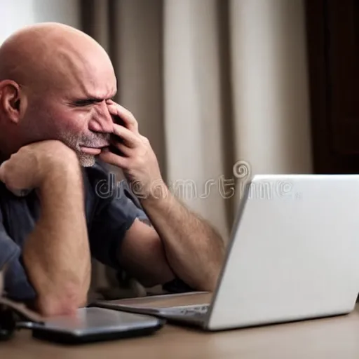 Image similar to crying sad hairless bald man crying at his computer with twitter open in the background, stock photo