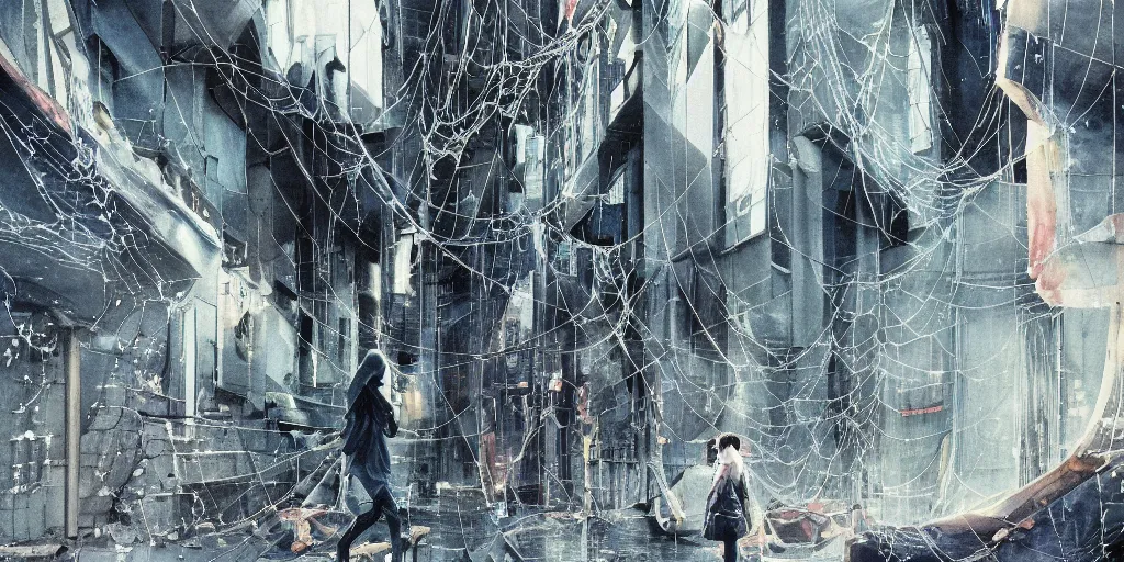 Image similar to anime movie scene, mamoru oshii, otomo, ultra wide, vanishing point, hoody woman explorer, watercolor, spiderwebs, arachnophobia, dripping, sewer pipe entrance, giant spider forground, sun beam, dusty volumetric light, back lit, paper texture, puddles, deserted shinjuku junk, brutalist, golden ratio