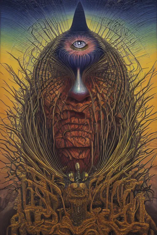 Image similar to THE QUEEN OF THE SUN by jacek yerka, alex gray, zdzisław beksiński, dariusz zawadzki, jeffrey smith and h.r. giger, oil on canvas, 8k highly professionally detailed, trending on artstation