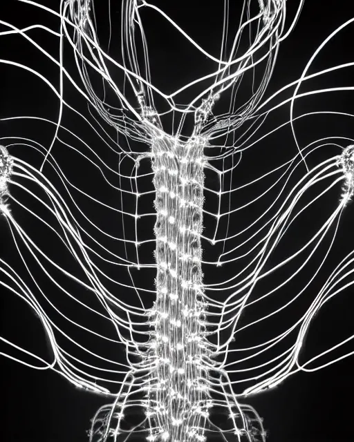 Image similar to black and white connected cyborg - plant goddess high quality photo, microchip, artificial intelligence, bio - mechanical bio - luminescence, black wired cables, neurons, nerve cells, cinematic, rim light, photo - realistic, elegant, high detail, 8 k, masterpiece, high fashion, in the style of man ray