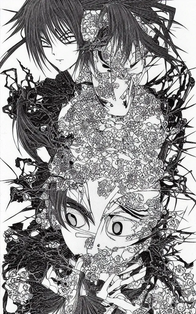 Image similar to prompt: Fragile looking face drawn by Takato Yamamoto, ceramic looking face, cyber parts, inspired by Naruto and Bandai Namco, clean ink detailed line drawing, intricate detail drawing, manga 1990