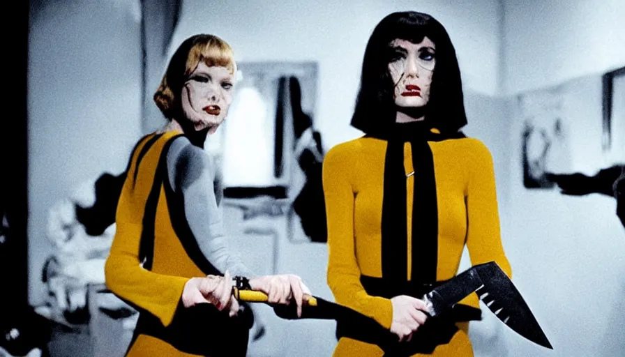 Image similar to color giallo movie about a killer with a knife killing fashion models
