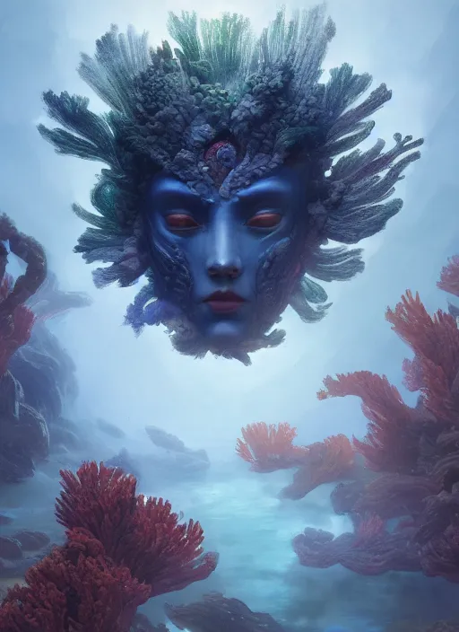 Image similar to Helmet of a forgotten Deity, corals, plume made of seaweed, glowing fish, extremly detailed digital painting, in the style of Fenghua Zhong and Ruan Jia and jeremy lipking and Peter Mohrbacher, mystical colors, rim light, beautiful lighting, 8k, stunning scene, raytracing, octane, trending on artstation