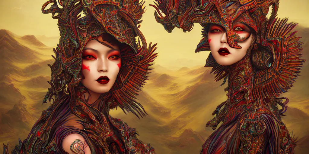 Image similar to giesha demon, innovative avant - garde art, deco fashion, asian women, highly detailed, photorealistic portrait by android jones, serene desert setting, crisp quality and light reflections, octane render, taror card with ornate border frame