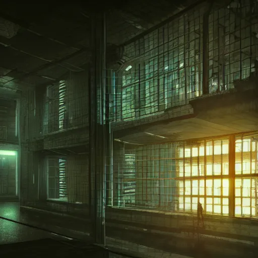 Prompt: cyberpunk futuristic prison, prison complex, prison cell, dark, barred windows, moody atmosphere, police lights, ultra - realistic, night photography, artstation award