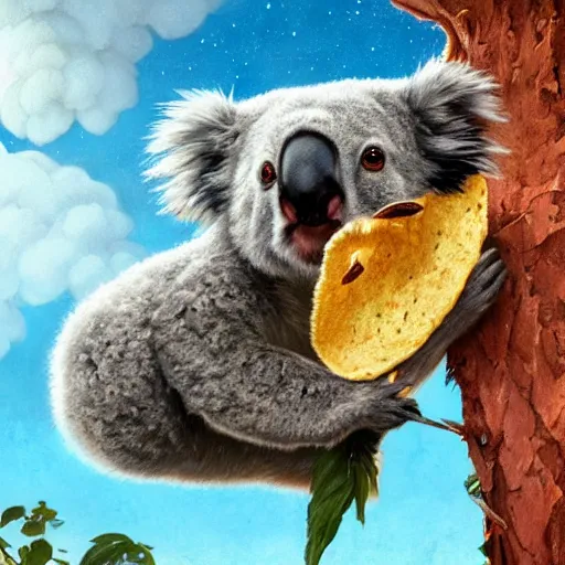 Image similar to Highly detailed portrait of Koala eating a taco, Stephen Bliss, unreal engine, fantasy art by Greg Rutkowski, Loish, Rhads, ferdinand knab, Makoto Shinkai and Lois van baarle, ilya kuvshinov, rossdraws, Tom Bagshaw, alphonse mucha, global illumination, radiant light, detailed and intricate environment