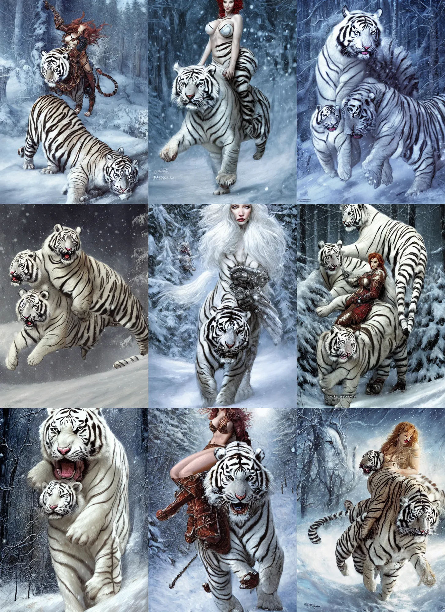 Prompt: muscled Christina Hendricks' riding mounted on a fierce large white tiger, wintery scene, snow storm, Donato Giancola, Mark Brooks, Ralph Horsley, Charlie Bowater, Artgerm, Christopher Balaskas, Bastien Lecouffe-Deharme