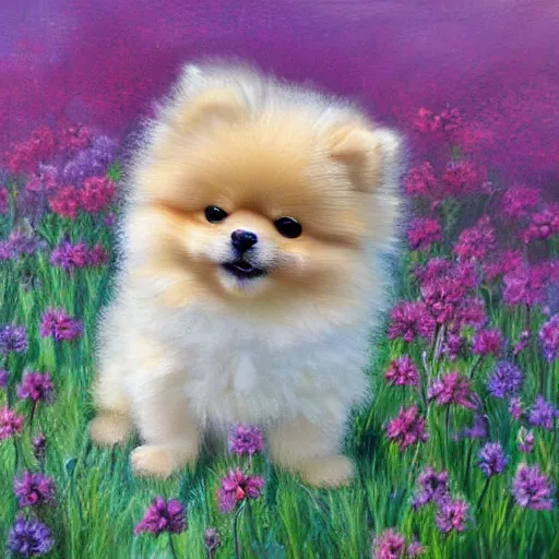 Image similar to cute fluffy pomeranian puppy sitting in flower meadow landscape detailed painting 4 k