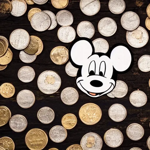 Image similar to mickey mouse laying down with arms crossed on a pyre of wood with coins over their eyes