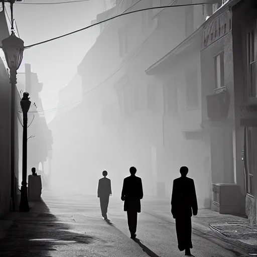 Prompt: people with modern european formal cloting going to their office walking on wide side road,modern san francisco,misty morning with long shadows,fan ho photography