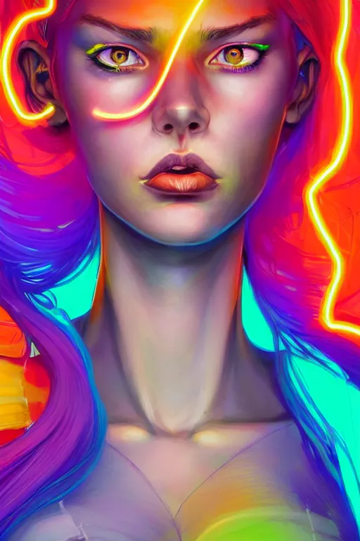 Image similar to a award winning portrait of a beautiful woman with stunning eyes in a one off shoulder croptop and cargo pants with rainbow colored hair, outlined by whirling illuminated neon lines and fine lines swirling in circles by jesper ejsing and rhads and makoto and shinkai and lois van baarle, digital art, trending on artstation