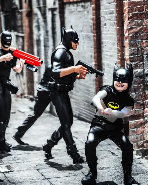 Image similar to happy batman firing super soaker water gun at playful criminals in an alleyway, everyone having fun, product advertisement, photogenic photograph