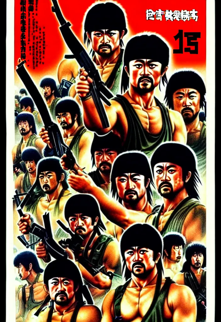 Prompt: japanese rambo - movie poster, 1 9 8 5, hq print