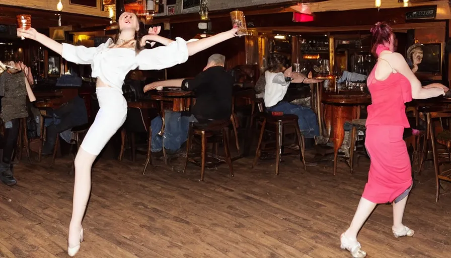 Image similar to a slender woman dinking and dancing in a pub