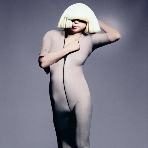 Image similar to Sia Furler wearing a leatoard full body photoshoot