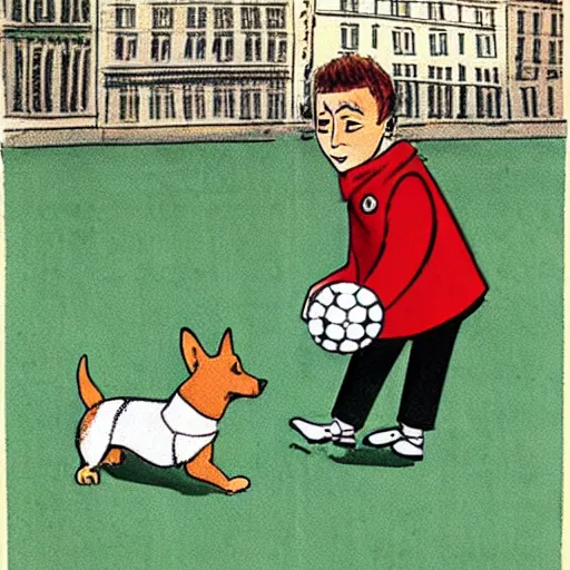 Image similar to book illustration of a french boy on the streets of paris playing football against a corgi, the dog is wearing a polka dot scarf, 1 9 6 6