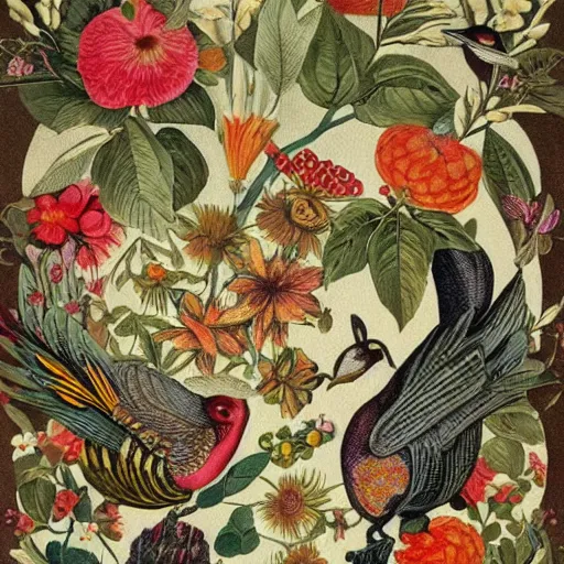 Prompt: vintage illustration pattern, bizarre compositions, blend of flowers, fruits, birds by beto val, john james audubon, exquisite detail