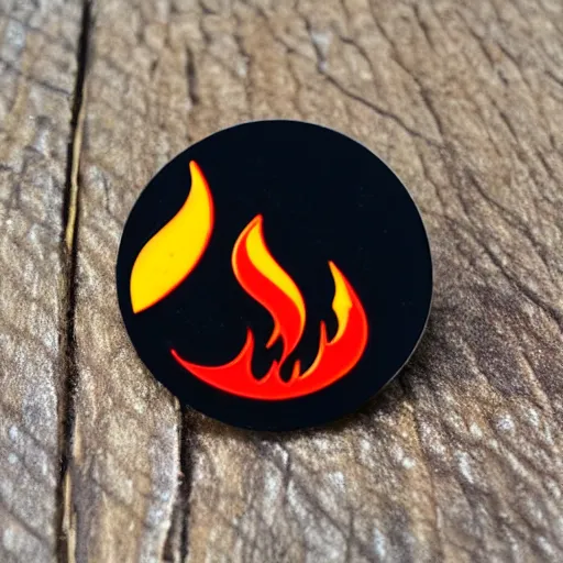 Prompt: minimalistic fire warning flame circle enamel pin retro design