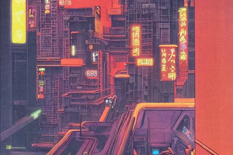 Image similar to 1979 OMNI Magazine Cover of an ornate oriental office with a window to neo-Tokyo streets in cyberpunk style by Vincent Di Fate