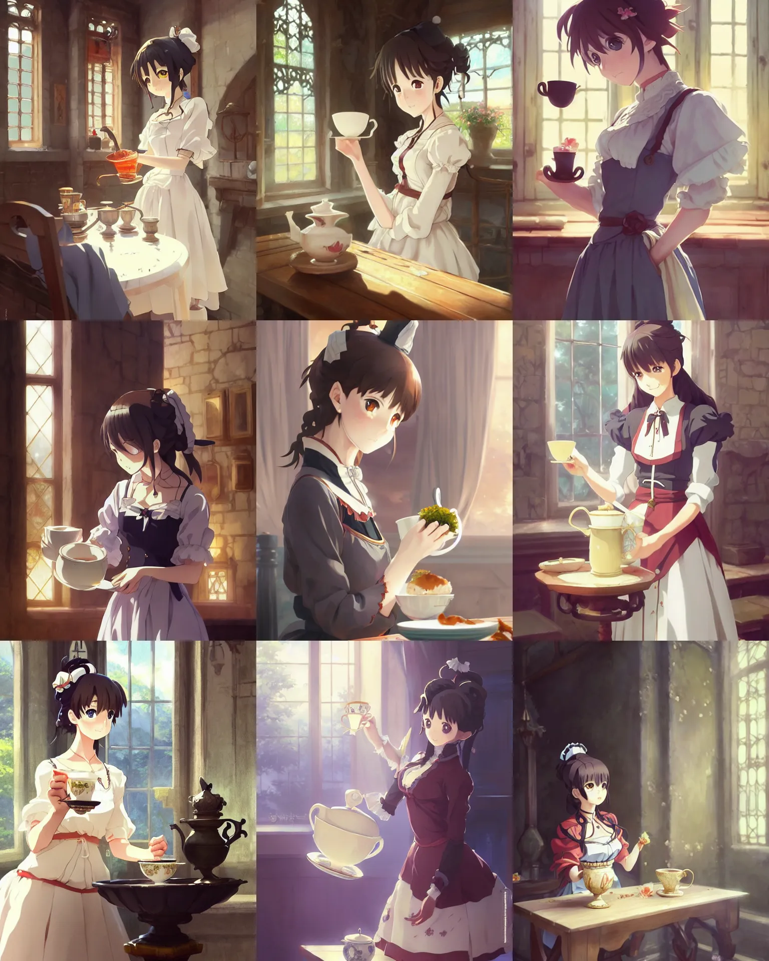 Image similar to cute - fine - face, pretty face, key visual, anime key visual concept art of anime maid pouring tea gracefully, medieval european style noble manor interior, trending on artstation, brush strokes, oil on canvas, style of kawacy and makoto shinkai and greg rutkowski and studio ghibli