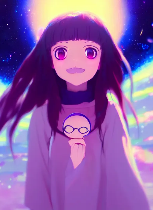 Prompt: portrait of a very cute girl with big eyes big smile, very psychedelic space background illustration concept art anime key visual trending pixiv fanbox by wlop and greg rutkowski and makoto shinkai and studio ghibli and kyoto animation