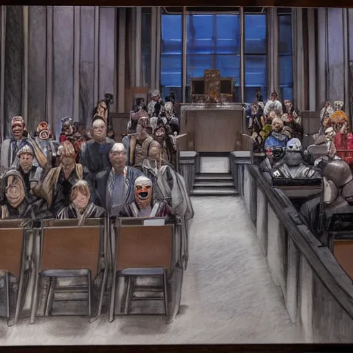 Image similar to UN meeting at The Hague , members yelling and screaming animatedly at a large godlike masked and helmeted cyborg samurai , courtroom sketch , Photo realistic , Gregory Crewdson , Award winning. Masterpiece, exquisite detail, post processing