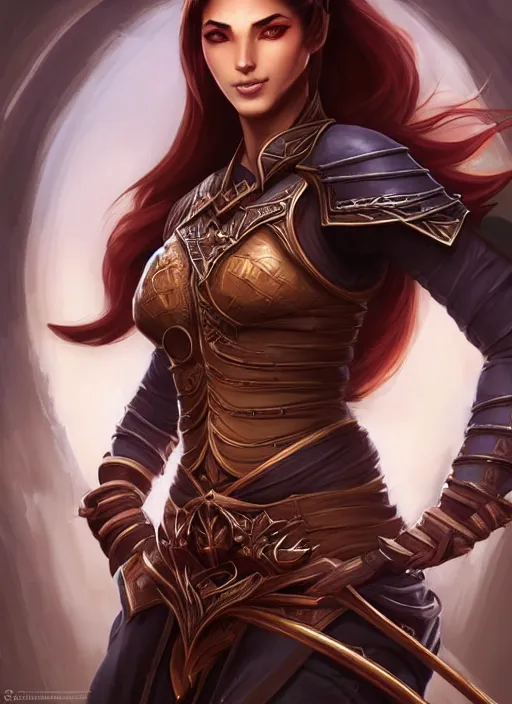 Prompt: portrait of an athletic arabian woman samurai ninja as a diablo 3 character, looking at camera, D&D, stealth master, long auburn hair, intricate, elegant, stylish, cute smile, fantasy, extremely detailed, digital painting, artstation, concept art, smooth, sharp focus, illustration, ambient lighting, art by artgerm and greg rutkowski and alphonse mucha and simon stalenhag