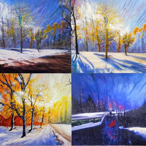 Image similar to painting depicting all four season in one, concept art, artstation, detailed, impressionism, oil on canvas, snow on the ground