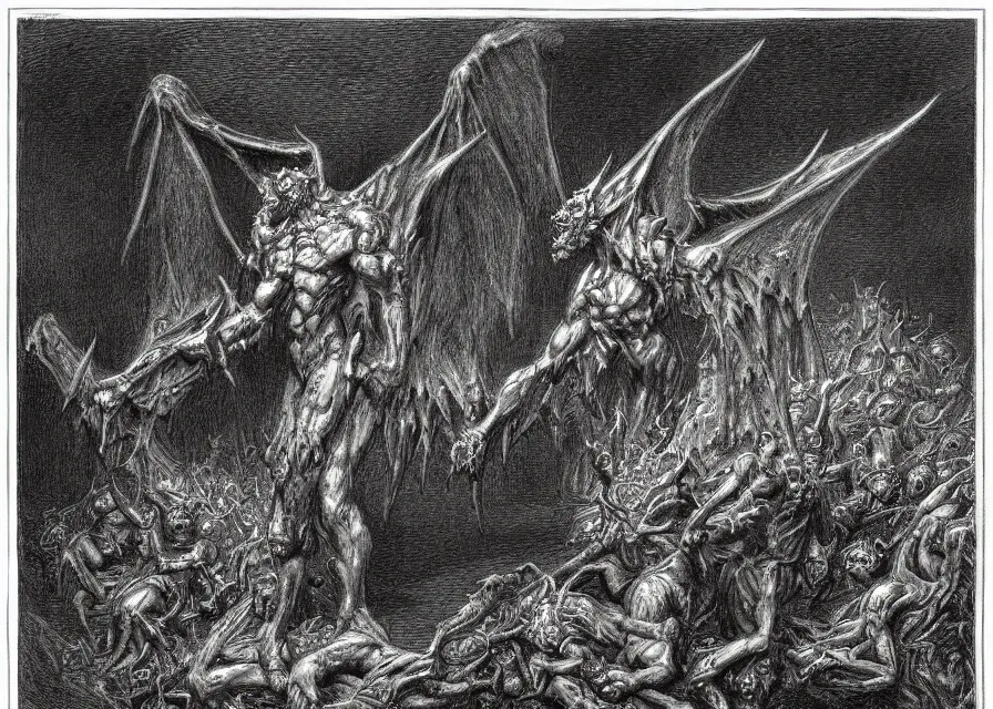 Image similar to gargoyle demon, pencil illustration by Gustave Dore