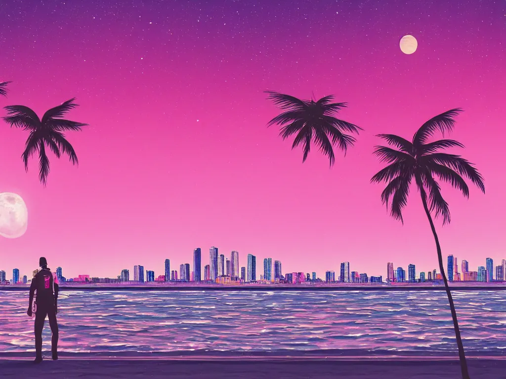 Image similar to cop on a summer night miami beach, city on the background, palm trees, footprints in the sand, full moon reflected in the calm ocean, starry sky, 8 k, ultra detailed, trending on artstation, digital painting, synthwave and retrowave style, pink color scheme