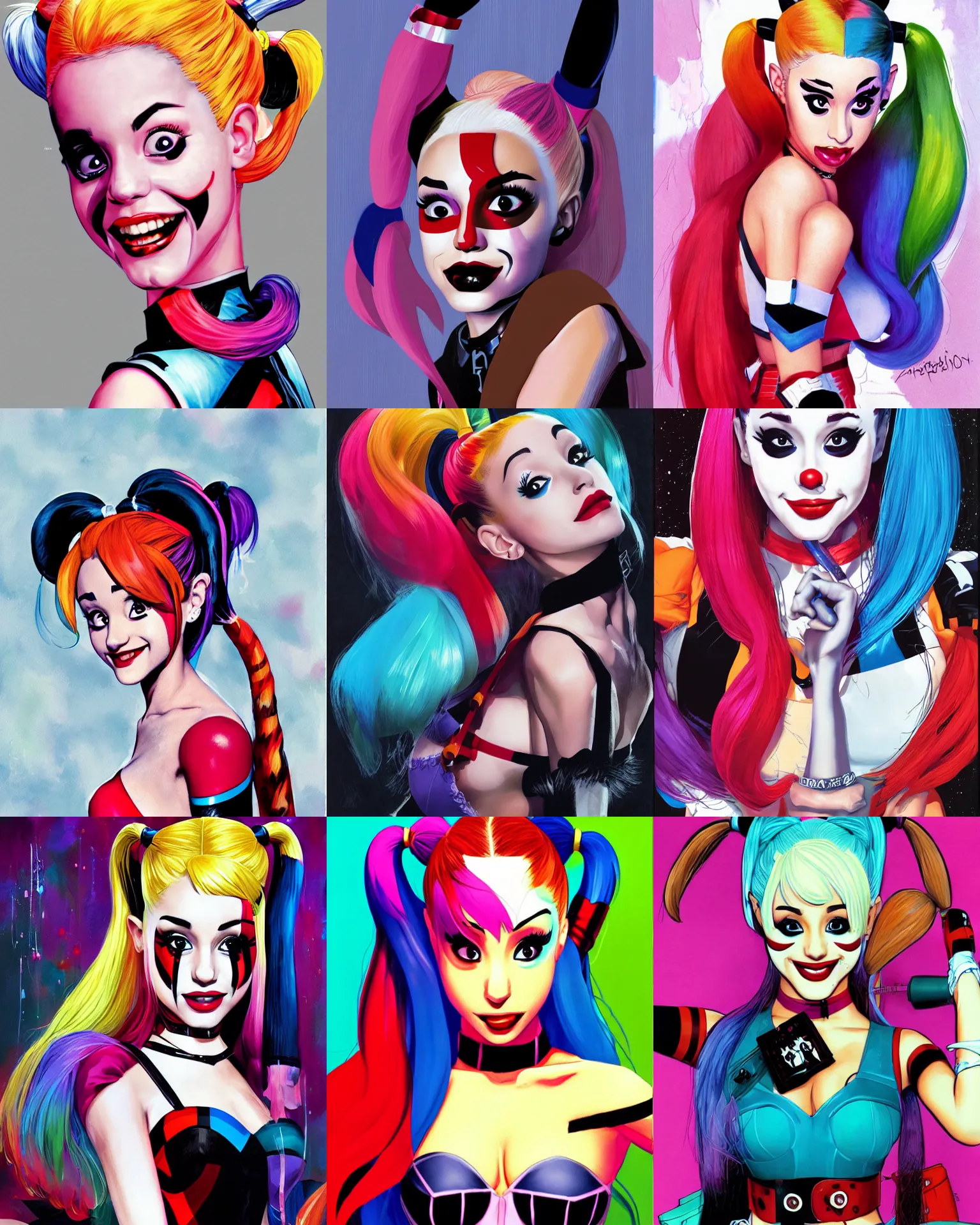 Prompt: portrait of ariana grande as harley quinn, colorful, art by makoto shinkai and peter elson, bernie wrightson