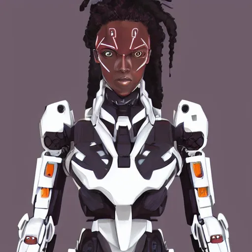 Image similar to an african female mecha with glowin white eyes, very symmetrical face, highly detailed, nanogirl, nanogirlv 2, by vitaly bulgarov, by yoji shinkawa, by joss nizzi, by shoji kawamori, metal gear solid, transformers cinematic universe, deviantart, artstation, unreal engine