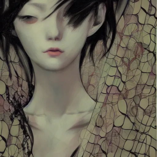 Image similar to yoshitaka amano blurred and dreamy realistic portrait of a woman with black eyes and white hair wearing dress suit with tie, junji ito abstract patterns in the background, satoshi kon anime, noisy film grain effect, highly detailed, renaissance oil painting, weird portrait angle, blurred lost edges, three quarter view