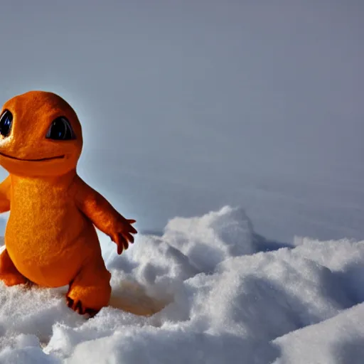 Prompt: charmander made of snow, photography